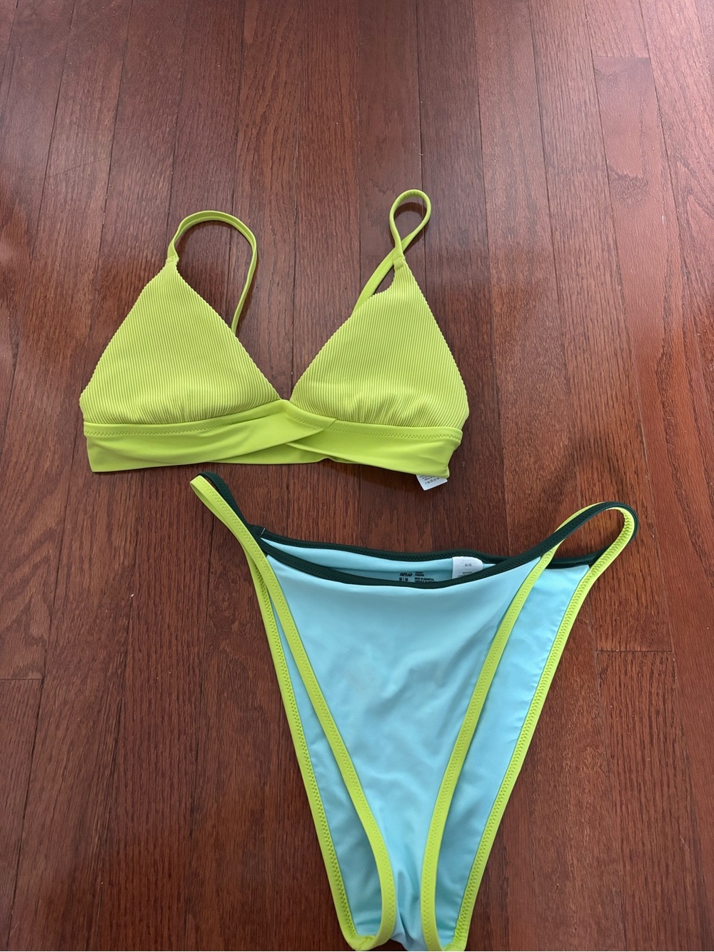aerie Lime Green Ribbed Triangle Bikini Top & Light Blue High-Leg Bottoms